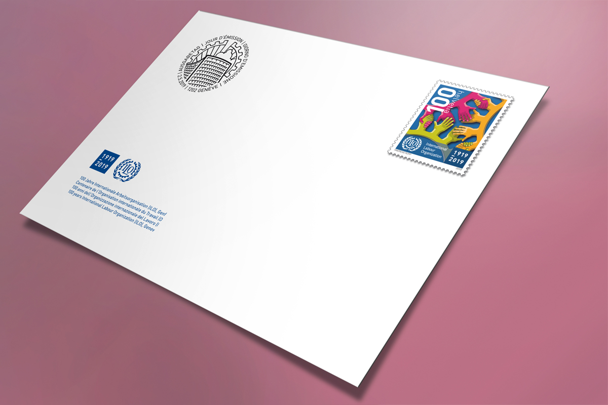1-Ausgabe-Brief der 1 Franken Briefmarke 100 Jahre International Labour Organization ILOon