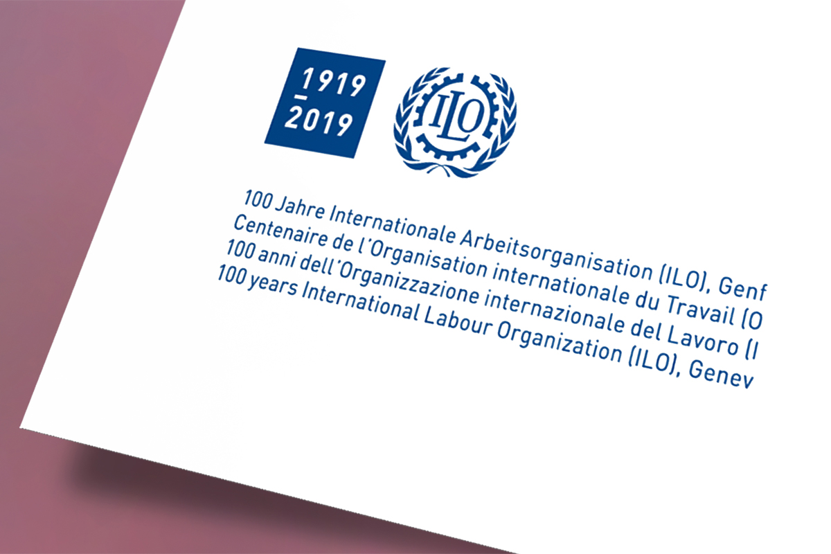 Detail des 1-Ausgabe-Brief der 1 Franken Briefmarke 100 Jahre International Labour Organization ILOon