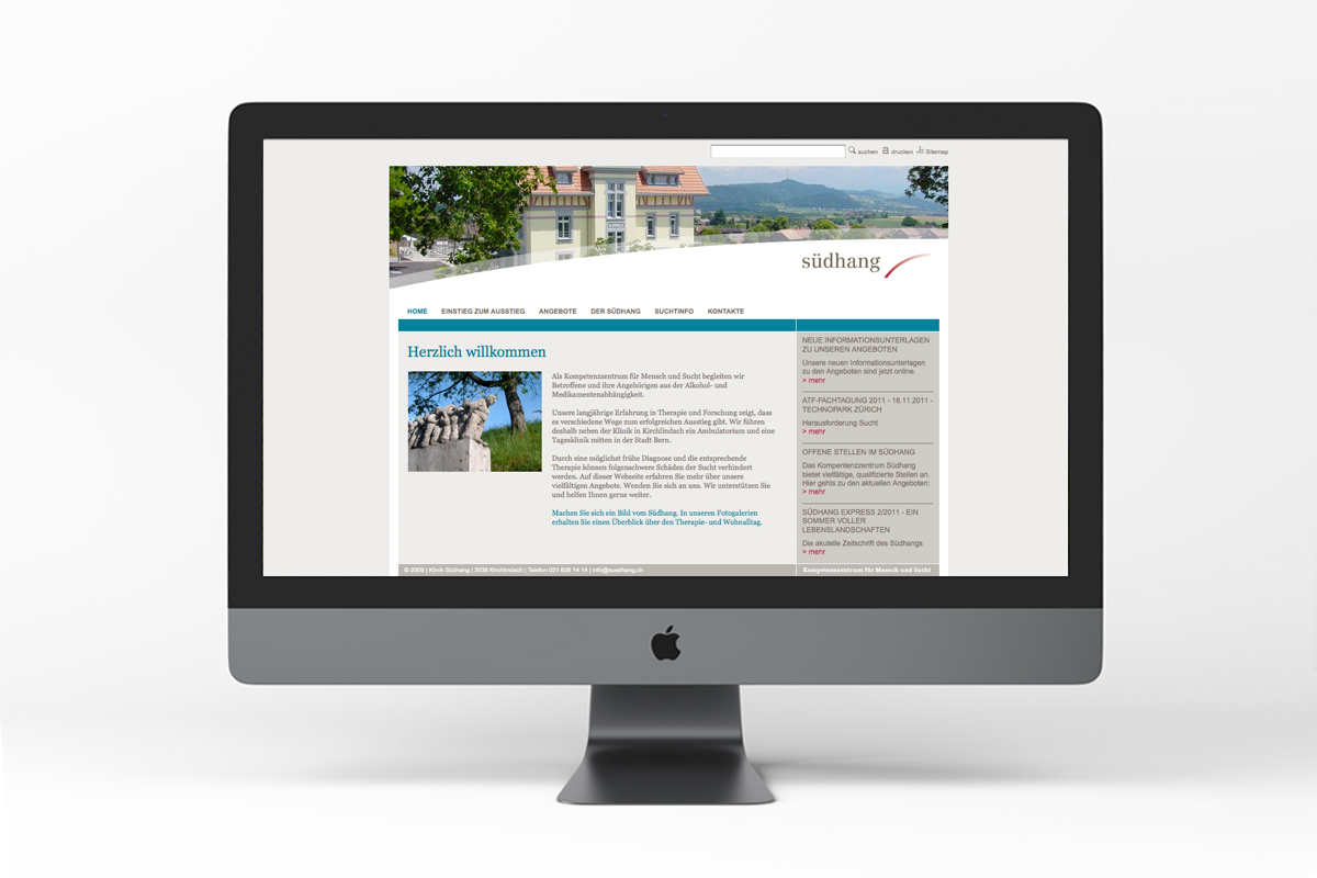 Website der Klinik Südhang Kompetenzzentrum für Mensch und Sucht in Kirchlindach bei Bern